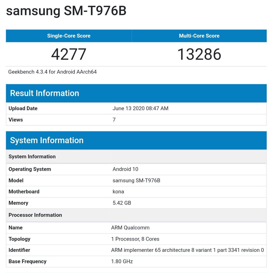 Samsung Galaxy Tab S7 Plus Geekbench teknobizdeyiz